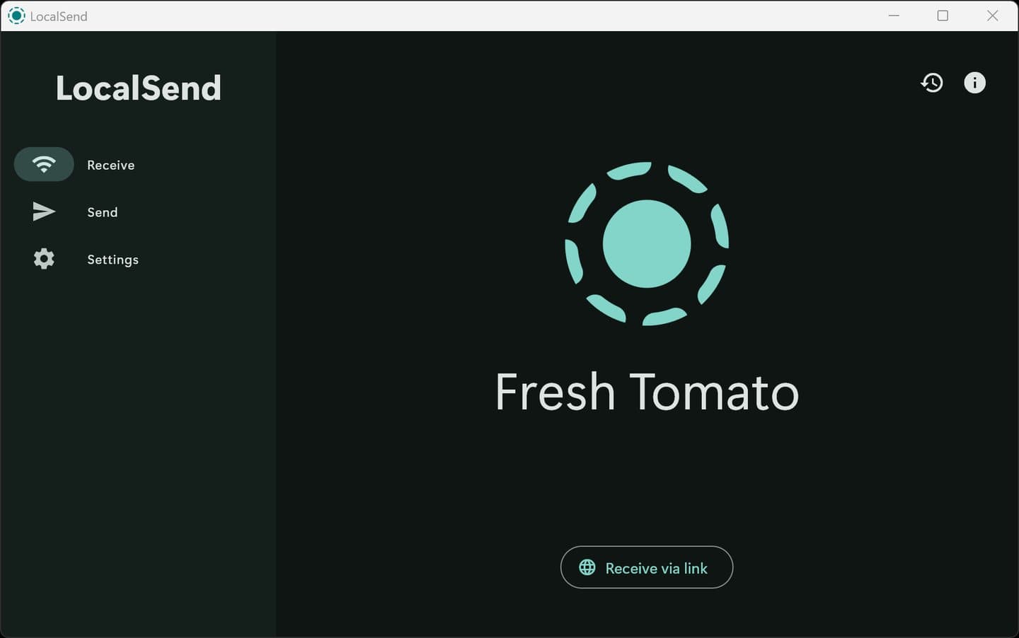 LocalSend on Windows in dark mode, on the Receive tab, showing the device name Fresh Tomato and a Receive via link button