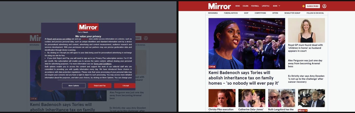 Mirror homepage side by side: left without a blocker shows a large privacy pop-up and an empty ad space at the top; right with uBlock Origin Lite shows the news straight away
