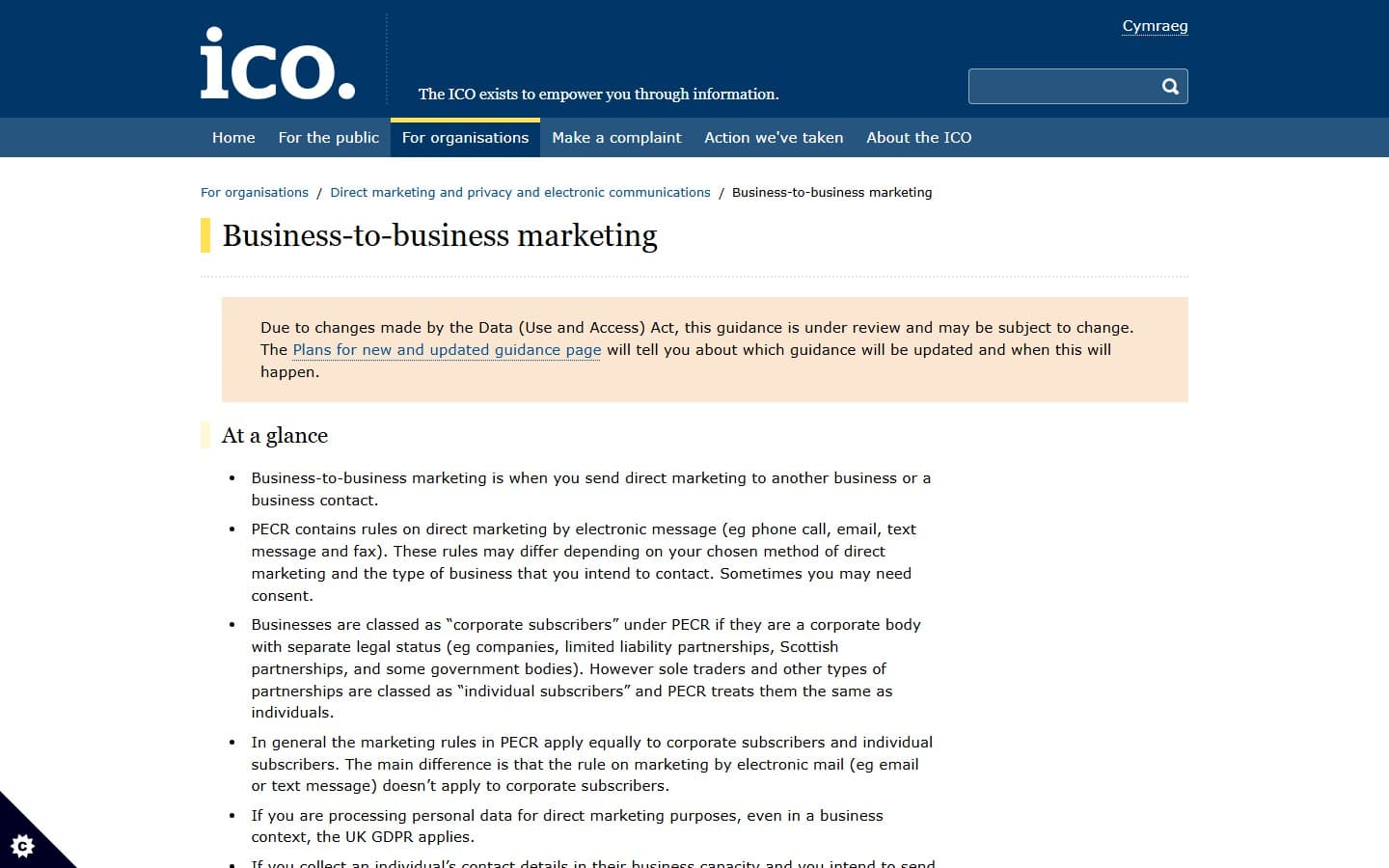 The Information Commissioner's Office business-to-business marketing guidance page, explaining that limited companies and LLPs are corporate subscribers who can be emailed without consent, while sole traders and partnerships are individual subscribers treated the same as individuals