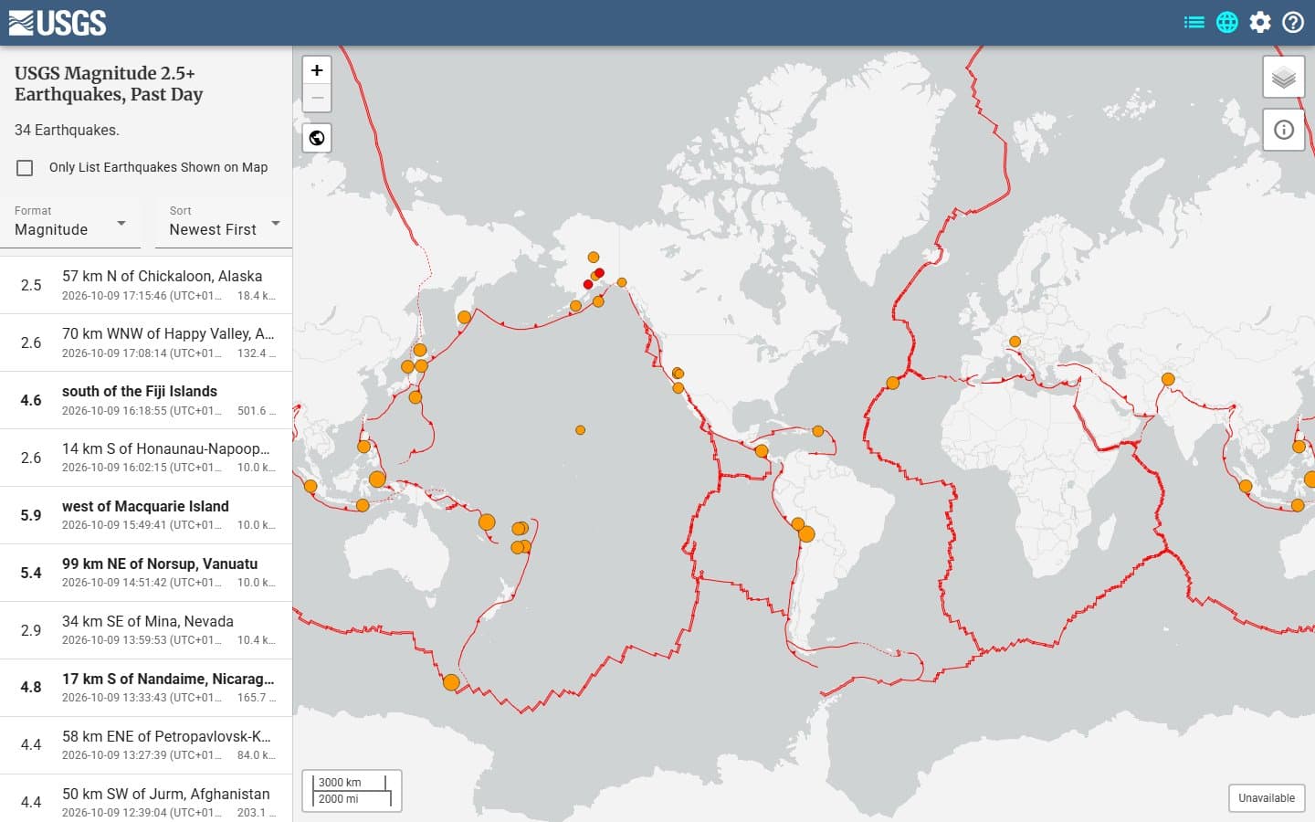 USGS Latest Earthquakes map showing 34 earthquakes of magnitude 2.5 or more in the past day, with orange dots around the Pacific and a list on the left
