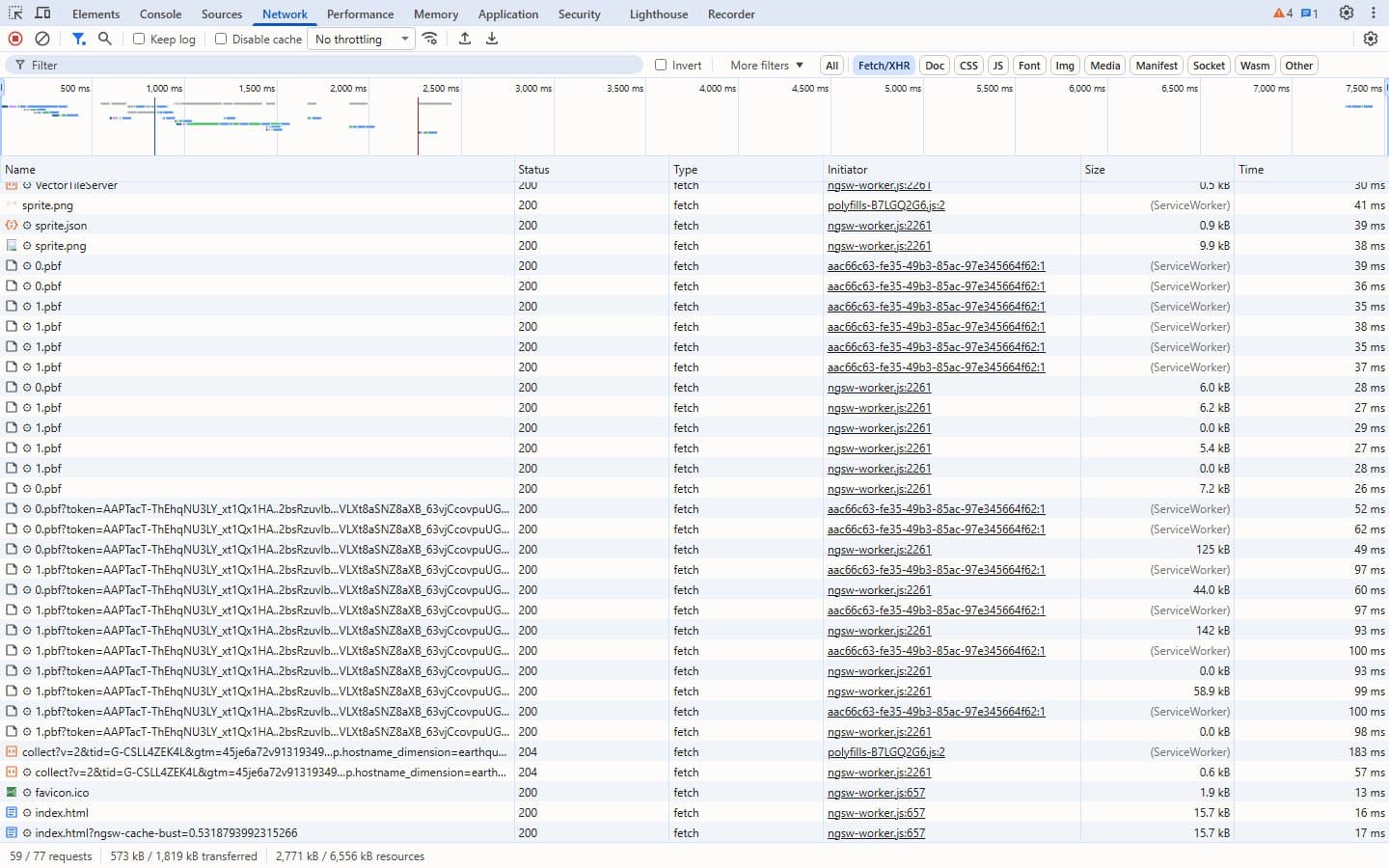 Chrome DevTools Network tab with the Fetch/XHR filter on, showing a long list of map tile requests such as 0.pbf and 1.pbf