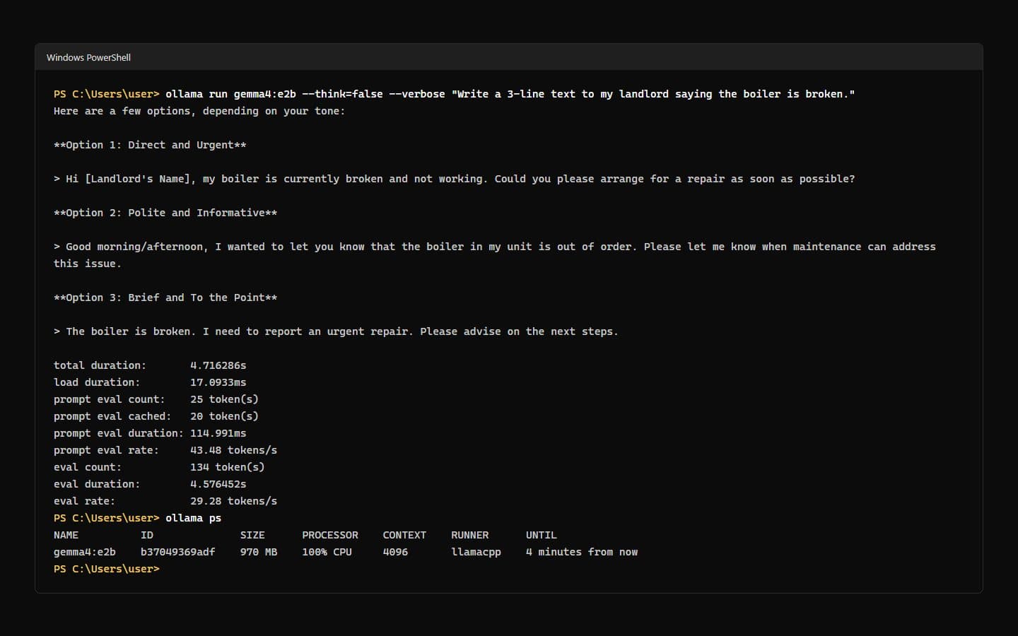 PowerShell running ollama run gemma4:e2b with thinking off and --verbose: three short landlord messages about a broken boiler, then timing lines ending in eval rate 29.28 tokens/s, then ollama ps showing gemma4:e2b at 970 MB on 100% CPU
