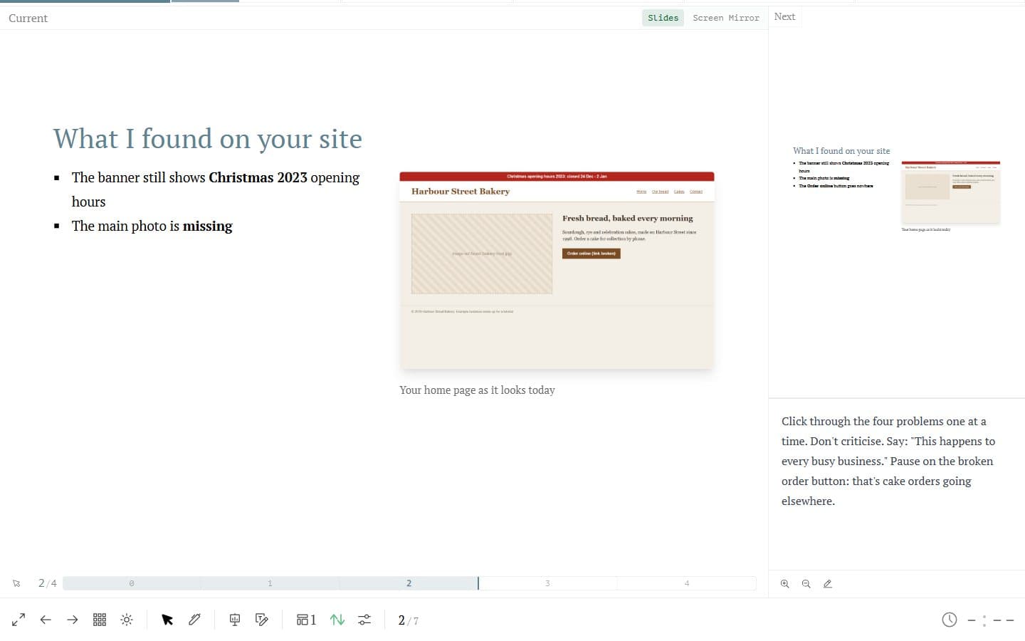 Slidev presenter view showing the current slide, the next slide, speaker notes, a click counter at 2 of 4 and a timer