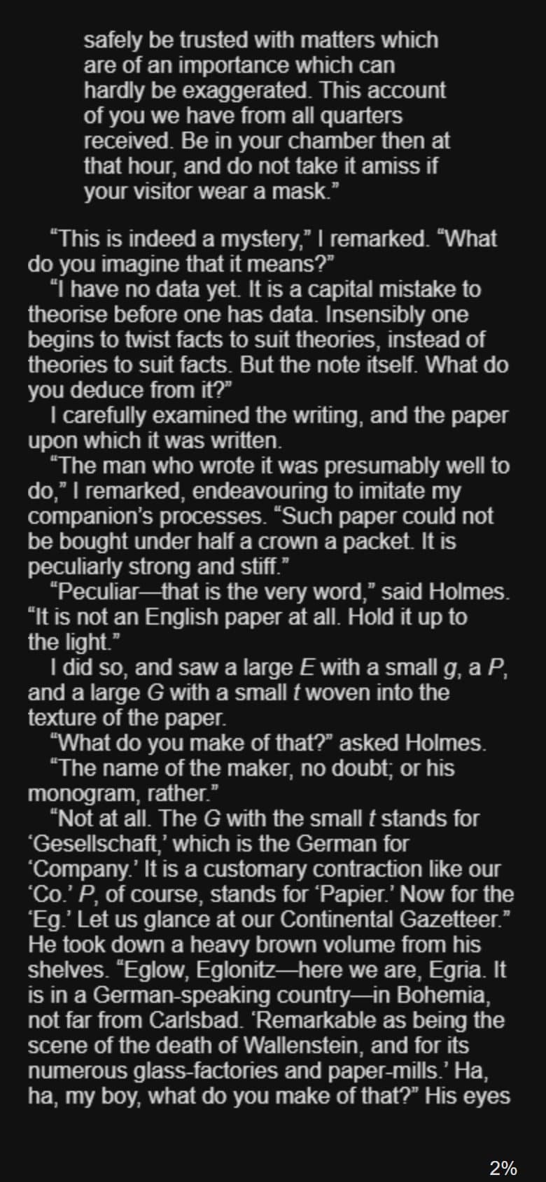 calibre's reader at phone size, showing a page of The Adventures of Sherlock Holmes in large, readable text